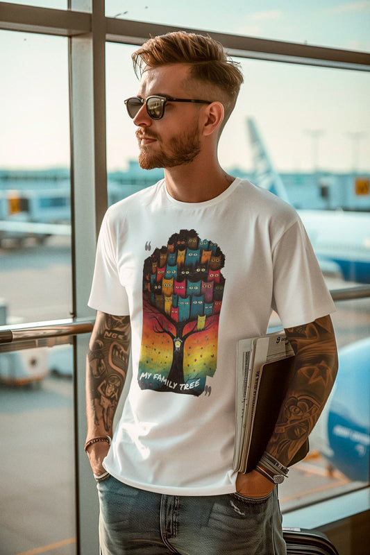 Mockup of My Family Tree cat t-shirt featuring colorful feline family graphic design on unisex premium tee