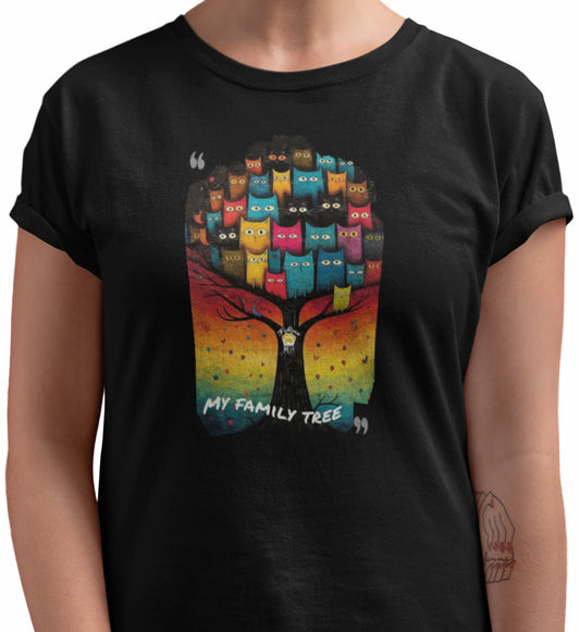 Close-up of My Family Tree t-shirt design highlighting colorful cats of various shapes and shades arranged like a family tree