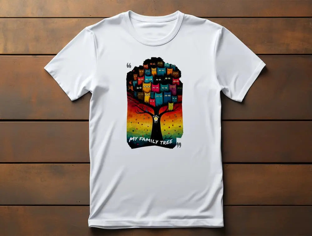 Flat lay of My Family Tree unisex premium cat t-shirt showing vibrant family tree with cats in different colors and personalities