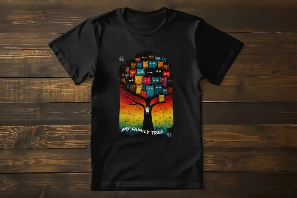 Flat lay of My Family Tree unisex premium cat t-shirt showing vibrant family tree with cats in different colors and personalities