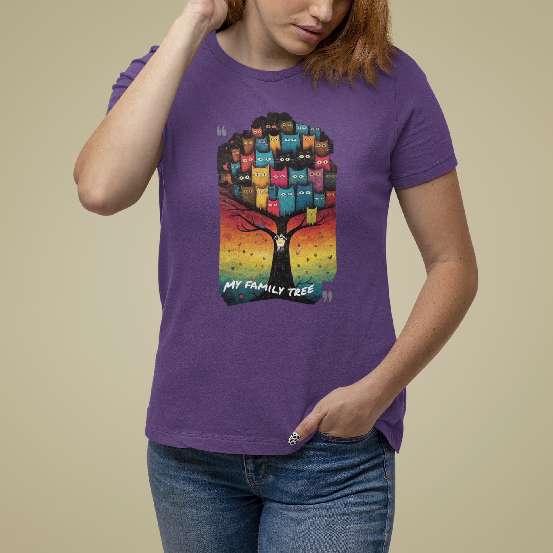 Model wearing My Family Tree cat graphic tee with colorful feline family tree artwork, casual Classic Women’s t-shirt
