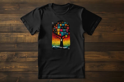 Flat lay of My Family Tree unisex premium cat t-shirt showing vibrant family tree with cats in different colors and personalities