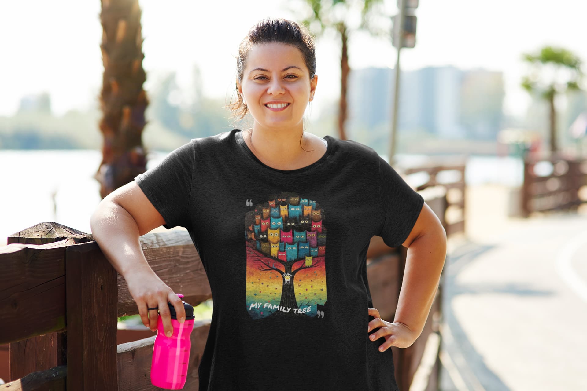 Mockup of My Family Tree cat t-shirt featuring colorful feline family graphic design on Classic Women’s tee