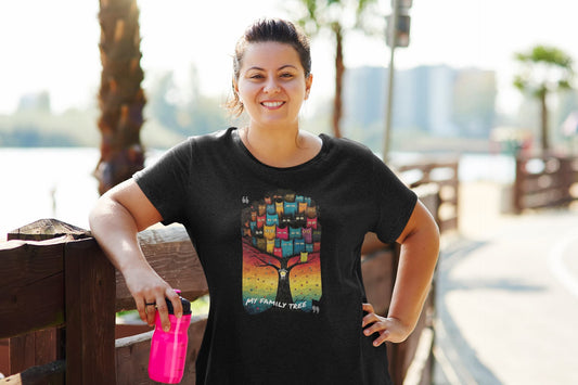 Mockup of My Family Tree cat t-shirt featuring colorful feline family graphic design on Classic Women’s tee