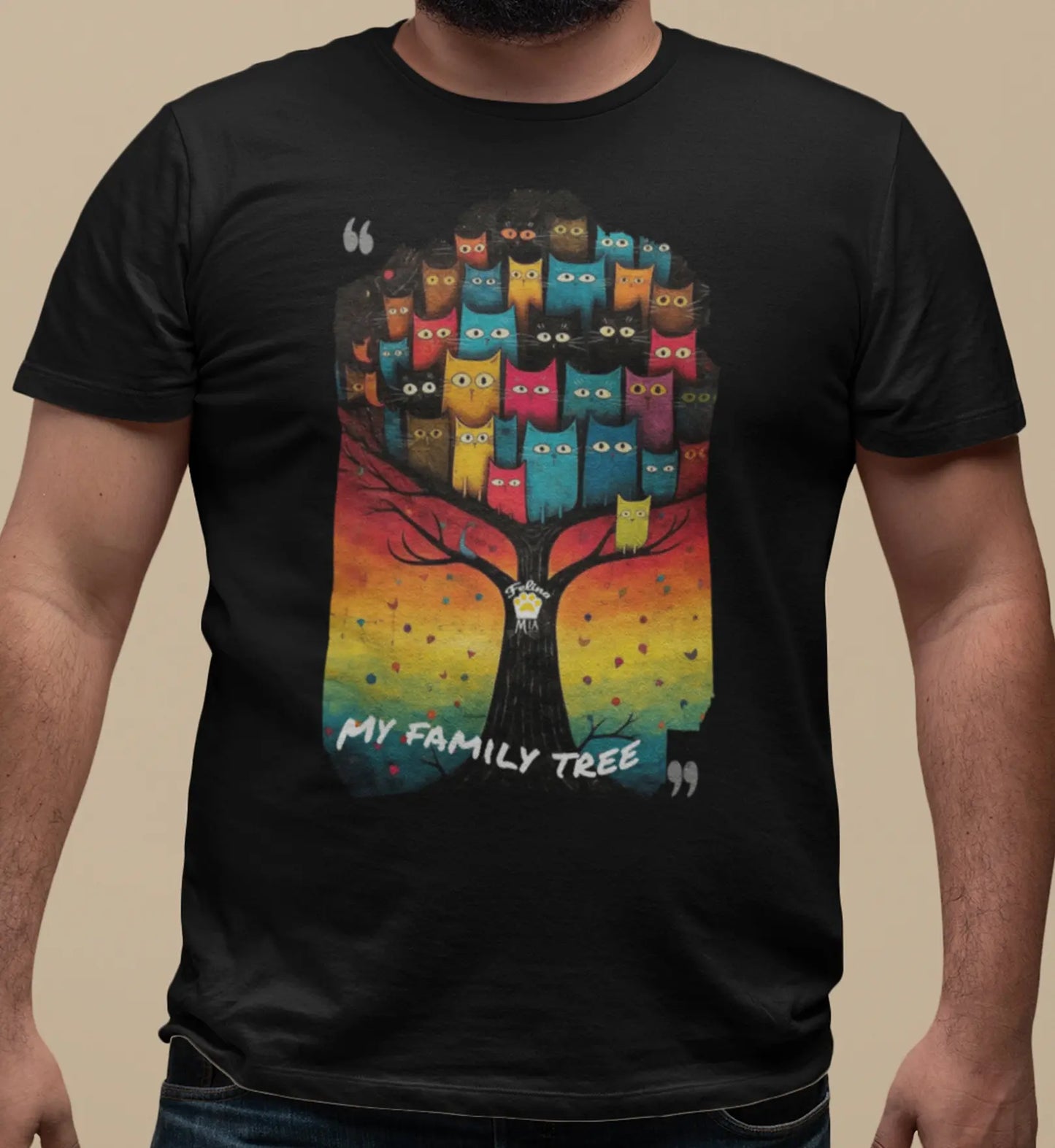 Close-up of My Family Tree t-shirt design highlighting colorful cats of various shapes and shades arranged like a family tree
