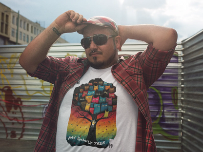 Model wearing My Family Tree cat graphic tee with colorful feline family tree artwork, casual unisex premium t-shirt