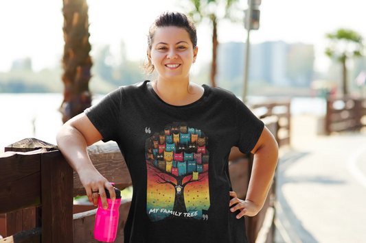Mockup of My Family Tree cat t-shirt featuring colorful feline family graphic design on unisex premium tee