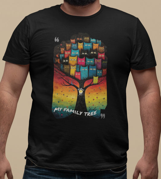 Close-up of My Family Tree t-shirt design highlighting colorful cats of various shapes and shades arranged like a family tree