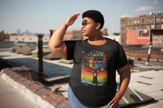 Mockup of My Family Tree cat t-shirt featuring colorful feline family graphic design on unisex premium tee