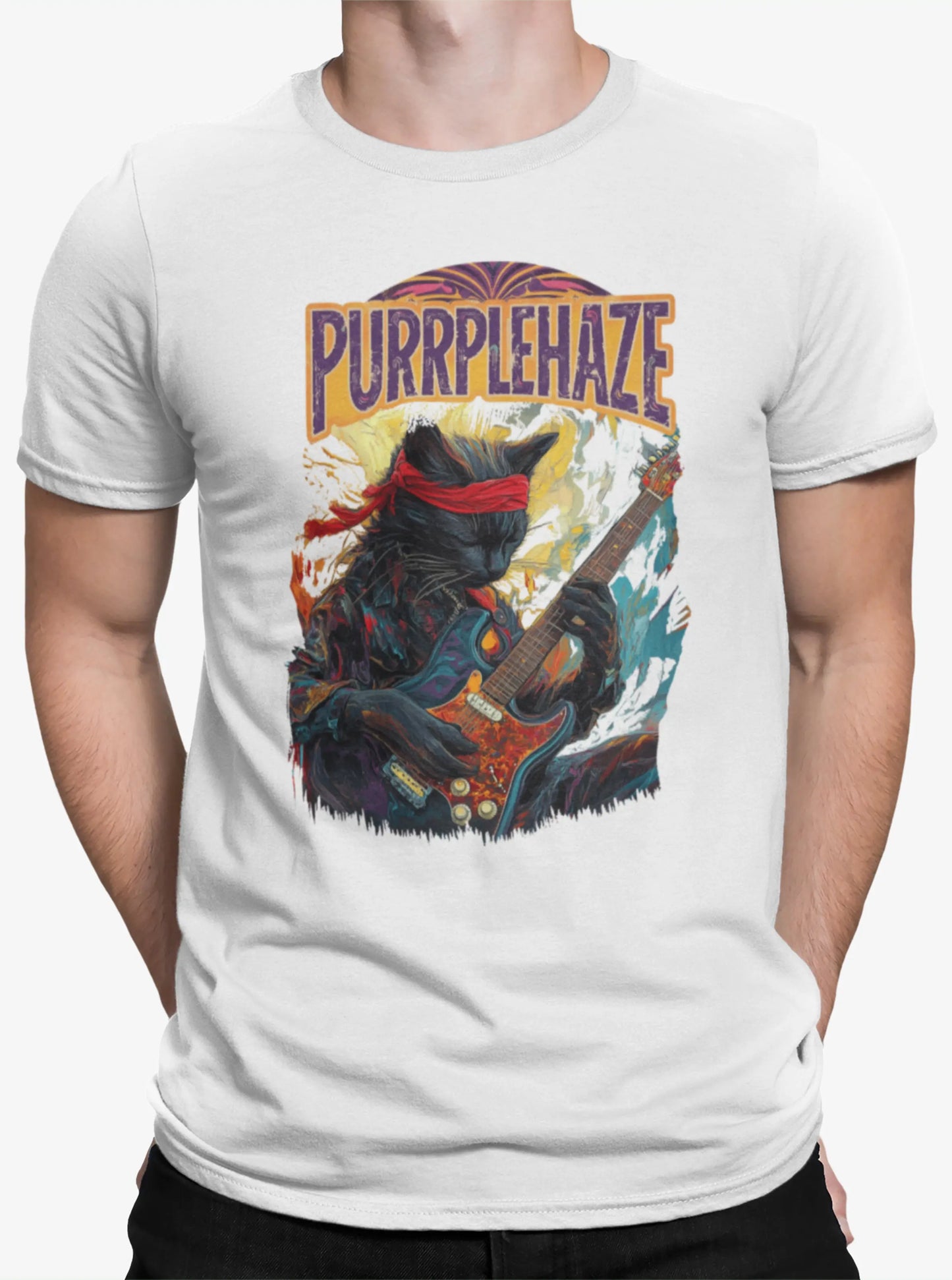 Close-up of the “PURRPLE HAZE – Psychedelic Guitar” t-shirt artwork, showing the black cat playing guitar with vivid painted strokes and artistic texture.