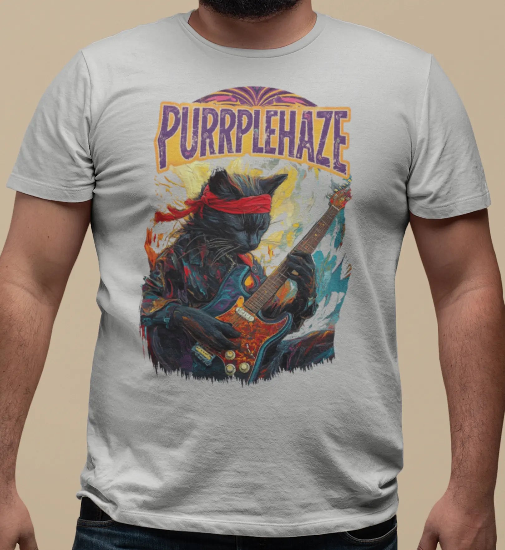 Close-up of the “PURRPLE HAZE – Psychedelic Guitar” t-shirt artwork, showing the black cat playing guitar with vivid painted strokes and artistic texture.