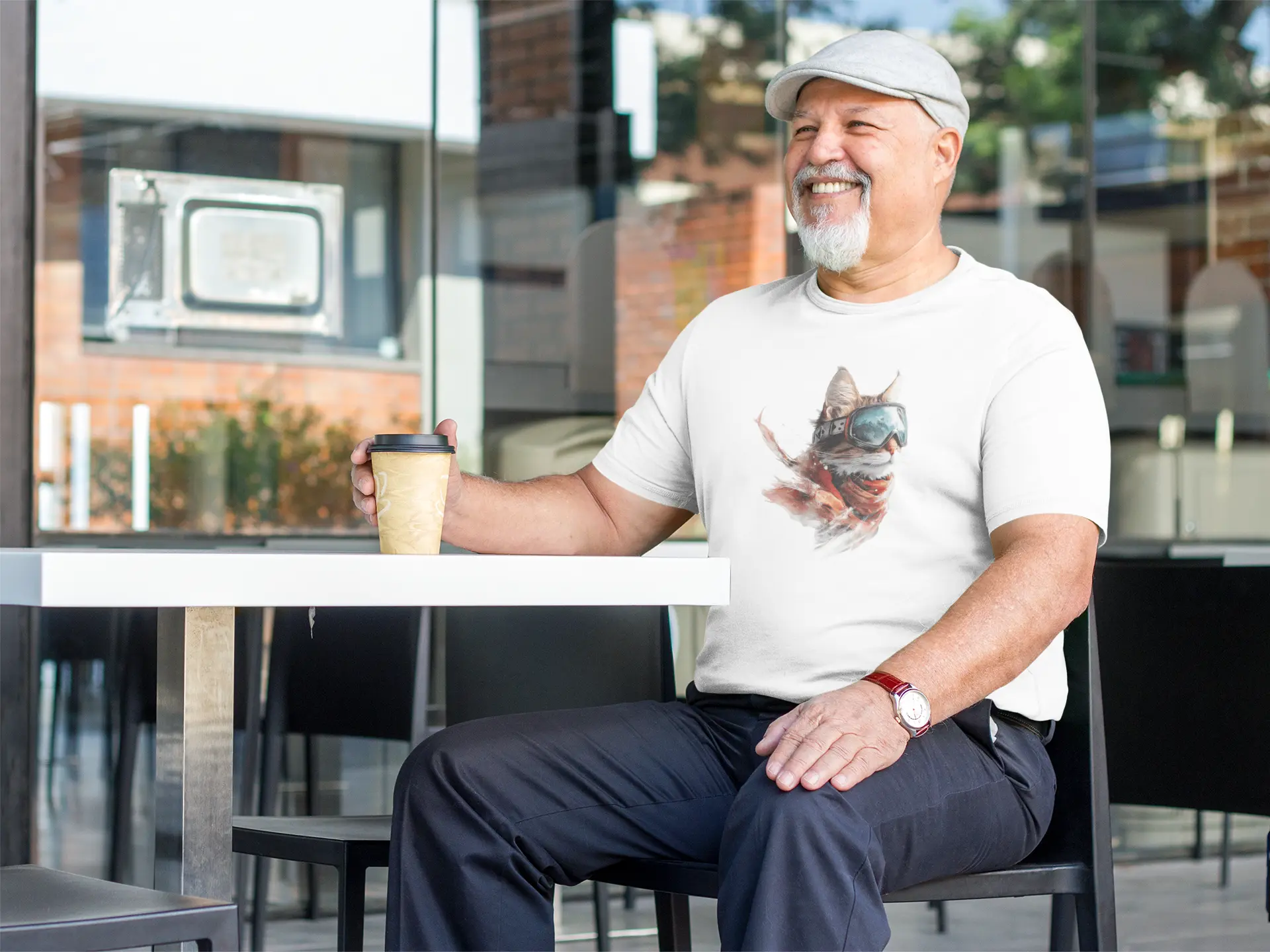 Model wearing Snowcat Vision Cool Winter Cat T-Shirt – unisex premium tee featuring a minimalist cat with sunglasses and icy mountain vibes.