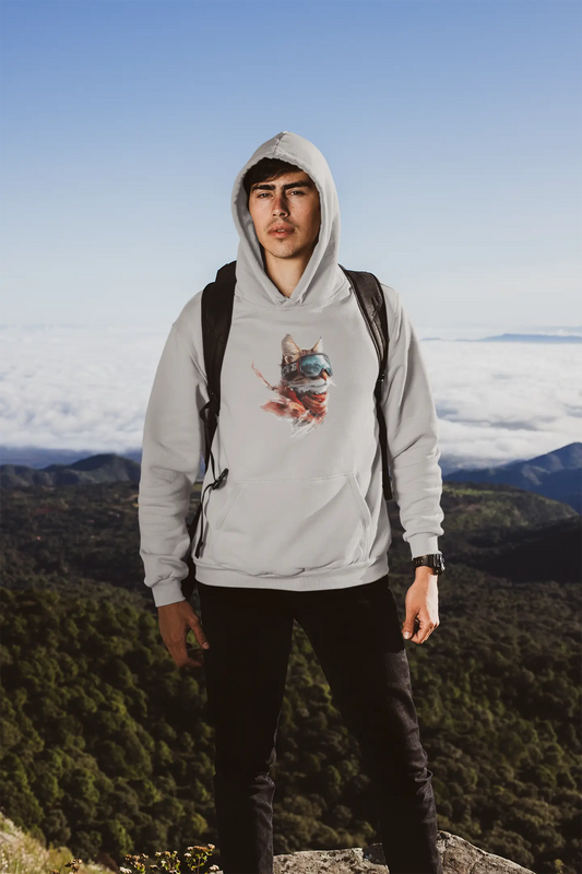 Model wearing Snowcat Vision Cool Winter Cat Hoodie unisex featuring a minimalist cat with sunglasses and icy mountain vibes.