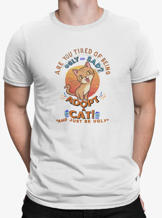 Close-up of Funny Sarcastic Cat t-shirt print showing retro sun, cheeky cat illustration, and sarcastic text