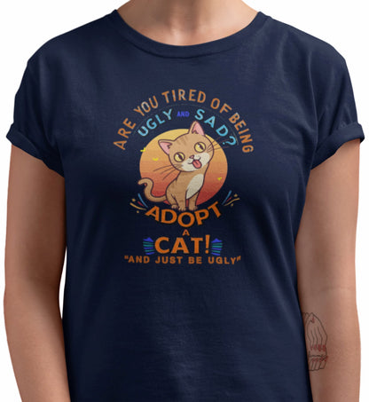 Close-up of Funny Sarcastic Cat t-shirt print showing retro sun, cheeky cat illustration, and sarcastic text
