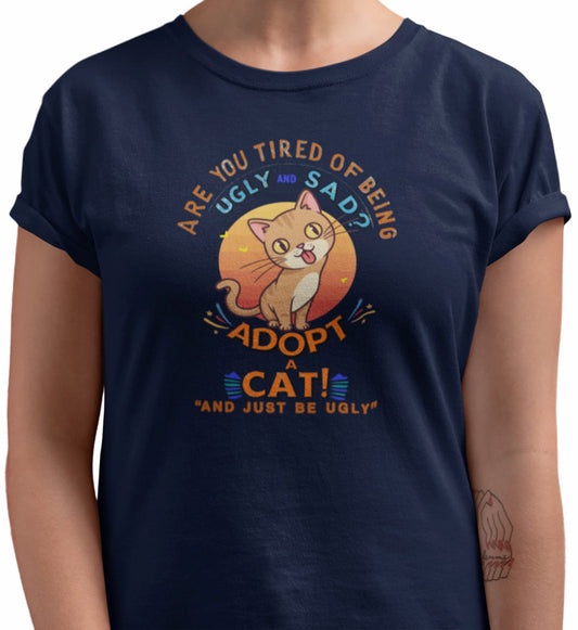 Close-up of Funny Sarcastic Cat t-shirt print showing retro sun, cheeky cat illustration, and sarcastic text