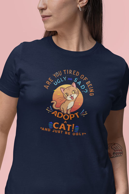 Mockup of Funny Sarcastic Cat unisex premium t-shirt with vintage retro design saying Adopt a Cat and Just Be Ugly