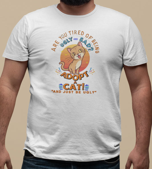Close-up of Funny Sarcastic Cat t-shirt print showing retro sun, cheeky cat illustration, and sarcastic text