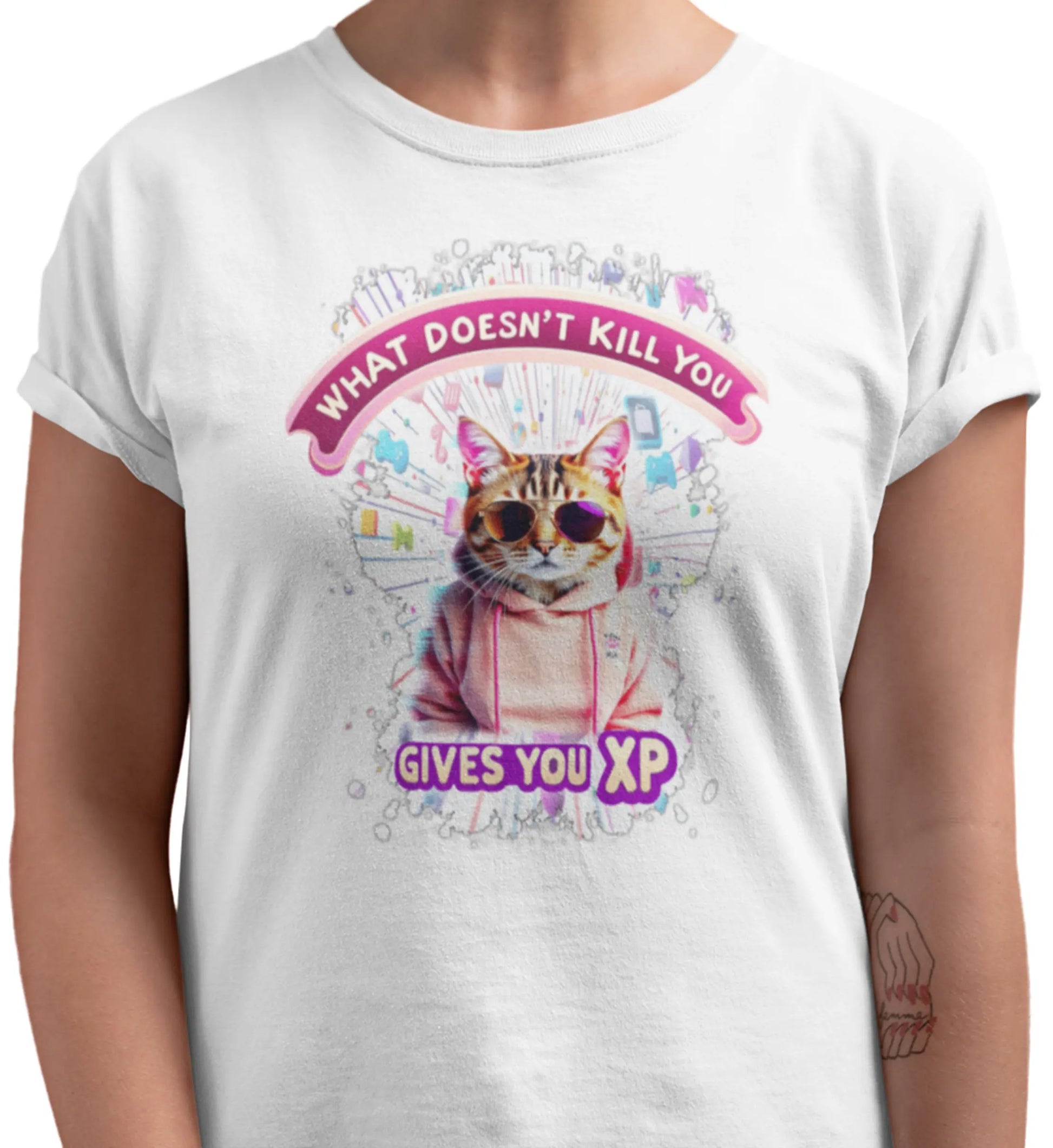 Close-up of the 'Gamer Cat: What Doesn’t Kill You Gives You XP!' print showing detailed linework of the cat, controller elements, and bold XP text.