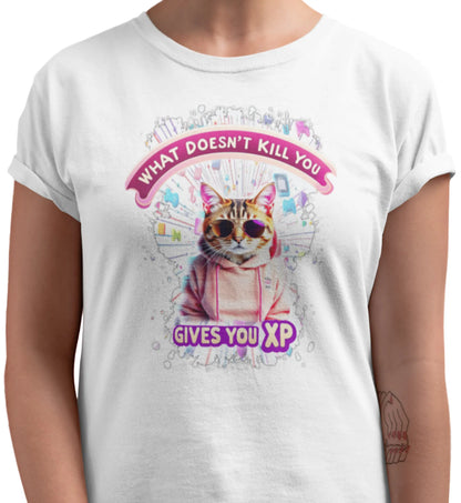 Close-up of the 'Gamer Cat: What Doesn’t Kill You Gives You XP!' print showing detailed linework of the cat, controller elements, and bold XP text.