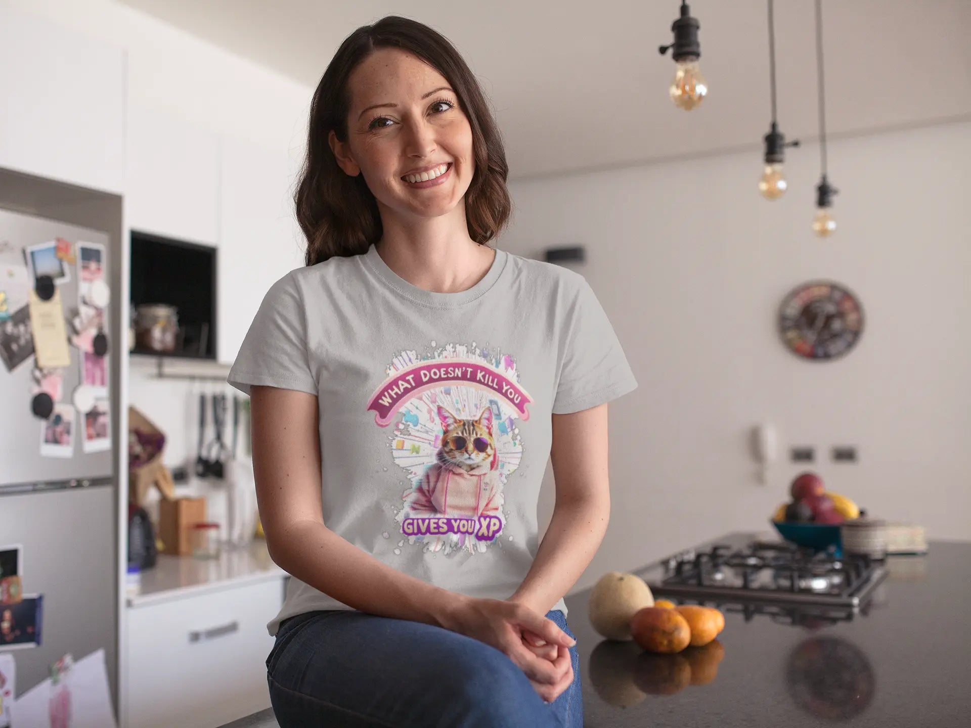 Model wearing the 'Gamer Cat: What Doesn’t Kill You Gives You XP!' T-shirt, a fun design mixing gamer culture with cat humor.