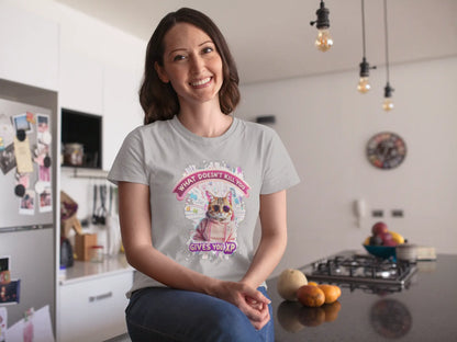 Model wearing the 'Gamer Cat: What Doesn’t Kill You Gives You XP!' T-shirt, a fun design mixing gamer culture with cat humor.