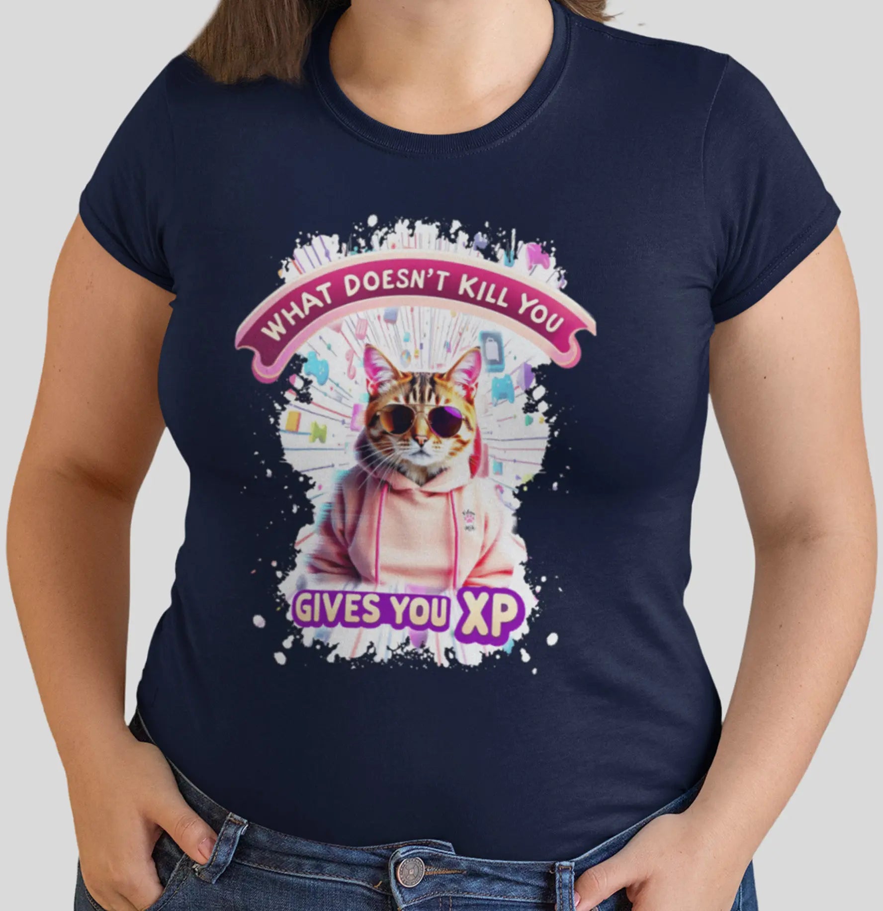 Close-up of the 'Gamer Cat: What Doesn’t Kill You Gives You XP!' print showing detailed linework of the cat, controller elements, and bold XP text.