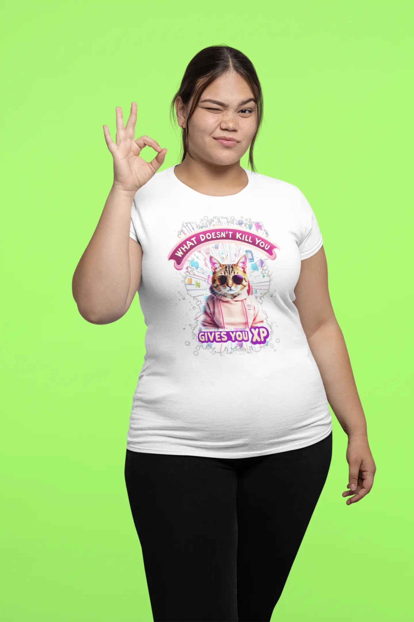 Model wearing the 'Gamer Cat: What Doesn’t Kill You Gives You XP!' T-shirt, a fun design mixing gamer culture with cat humor.
