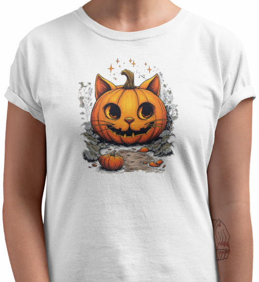 Close-up of Cat-O’-Lantern Kittycat t-shirt print showing pumpkin cat with glowing stars, gray foliage, and tiny pumpkin details