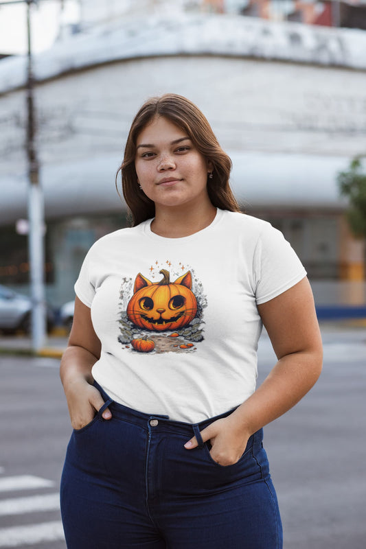 Mockup of classic women’s Cat-O’-Lantern Kittycat t-shirt with cute Halloween pumpkin cat design by Felinamia