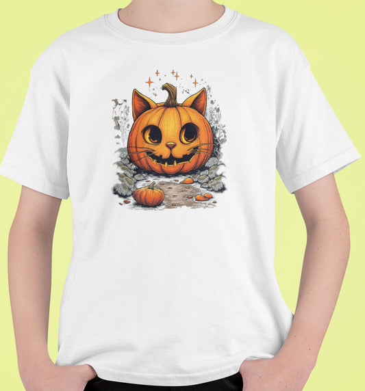 Close-up of Cat-O’-Lantern Kittycat t-shirt print showing pumpkin cat with glowing stars, gray foliage, and tiny pumpkin details