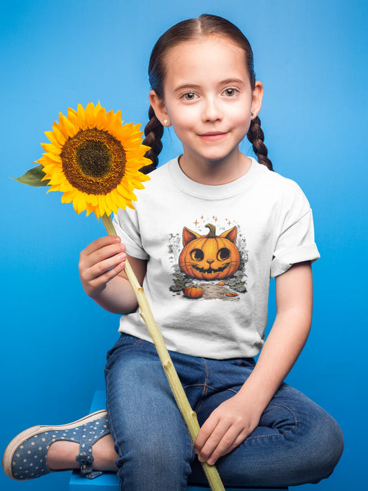 Mockup of classic women’s Cat-O’-Lantern Kittycat t-shirt with cute Halloween pumpkin cat design by Felinamia
