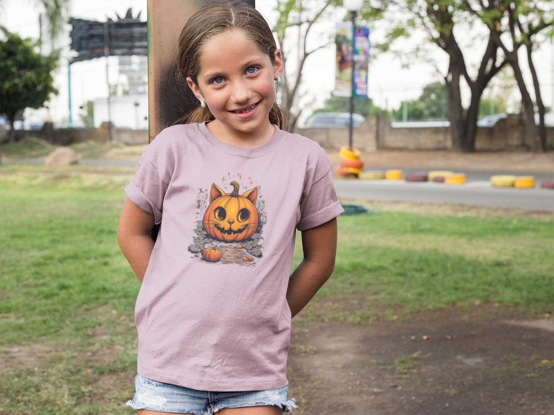 Model wearing classic women’s Cat-O’-Lantern Kittycat t-shirt with playful and artistic Halloween pumpkin cat design