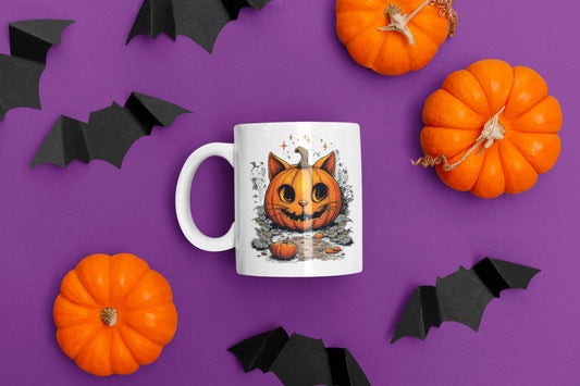 11oz ceramic mug Cat-O’-Lantern Kittycat – cute pumpkin cat design with stars and foliage, part of Felinamia’s Meowlloween collection