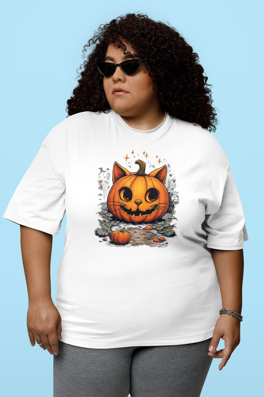 Mockup of classic women’s Cat-O’-Lantern Kittycat t-shirt with cute Halloween pumpkin cat design by Felinamia