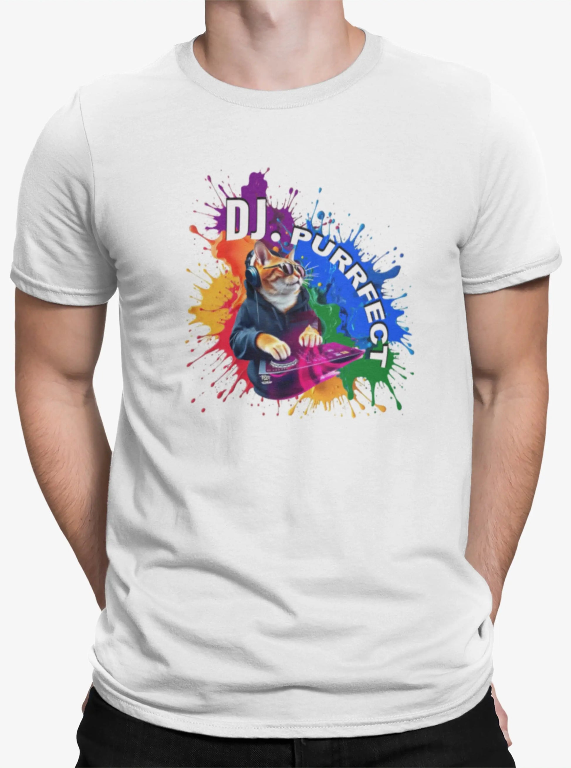 Close-up of Beat Maker Cat design – orange cat DJ mixing on turntables, surrounded by neon colors and rhythm-inspired details.