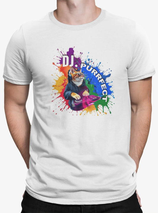 Close-up of Beat Maker Cat design – orange cat DJ mixing on turntables, surrounded by neon colors and rhythm-inspired details.