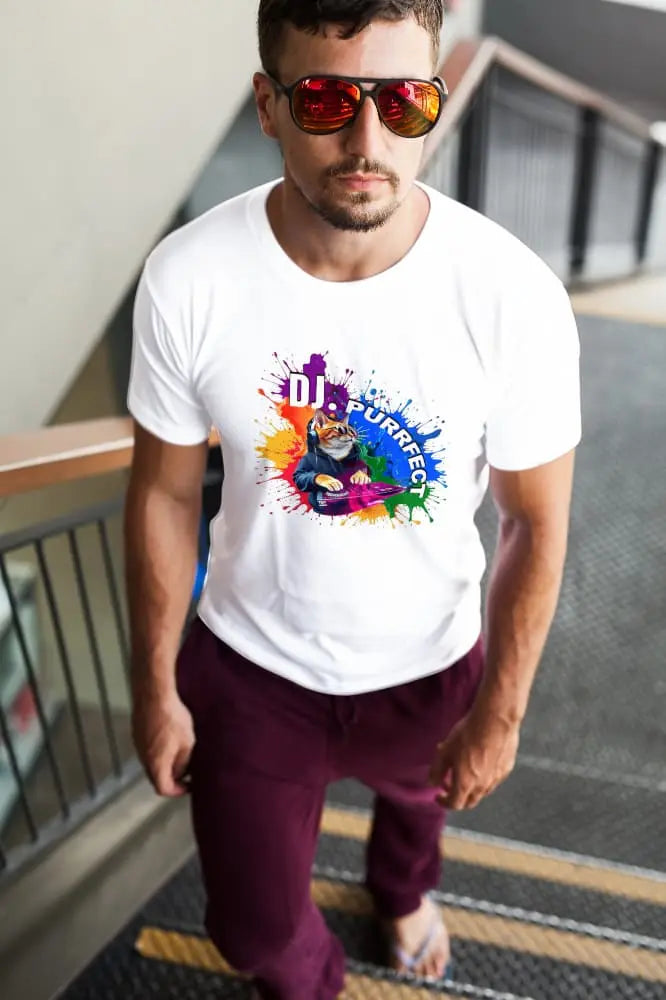 Model wearing Beat Maker Cat T-Shirt – unisex premium tee featuring a cool orange cat DJ at turntables, radiating pride and musical energy.