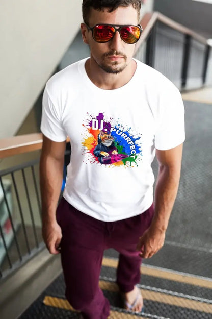 Model wearing Beat Maker Cat T-Shirt – unisex premium tee featuring a cool orange cat DJ at turntables, radiating pride and musical energy.