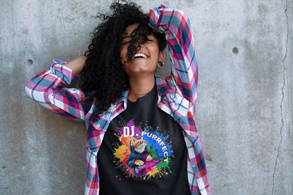 Person wearing Beat Maker Cat unisex T-shirt at music event – stylish cat lover tee with colorful DJ design and pride-inspired vibes.