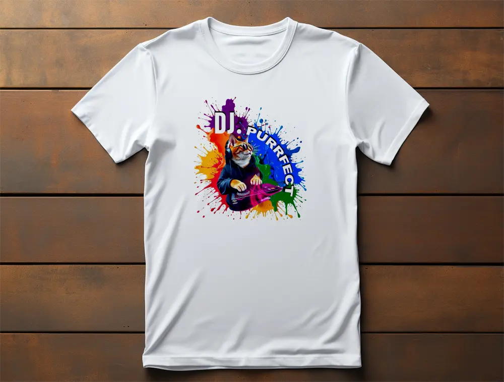 Beat Maker Cat T-Shirt – unisex premium shirt with vibrant orange cat DJ design, celebrating music, diversity, and self-expression.