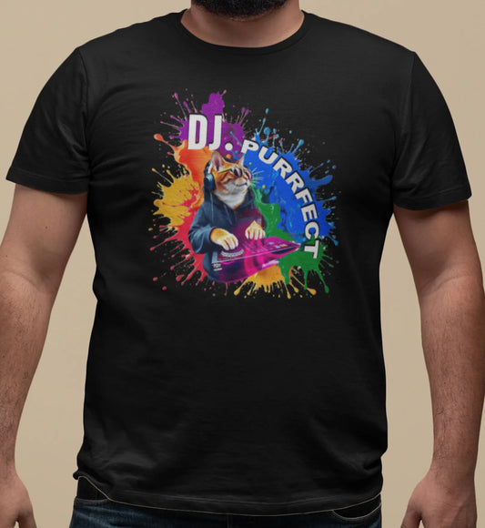 Close-up of Beat Maker Cat design – orange cat DJ mixing on turntables, surrounded by neon colors and rhythm-inspired details.