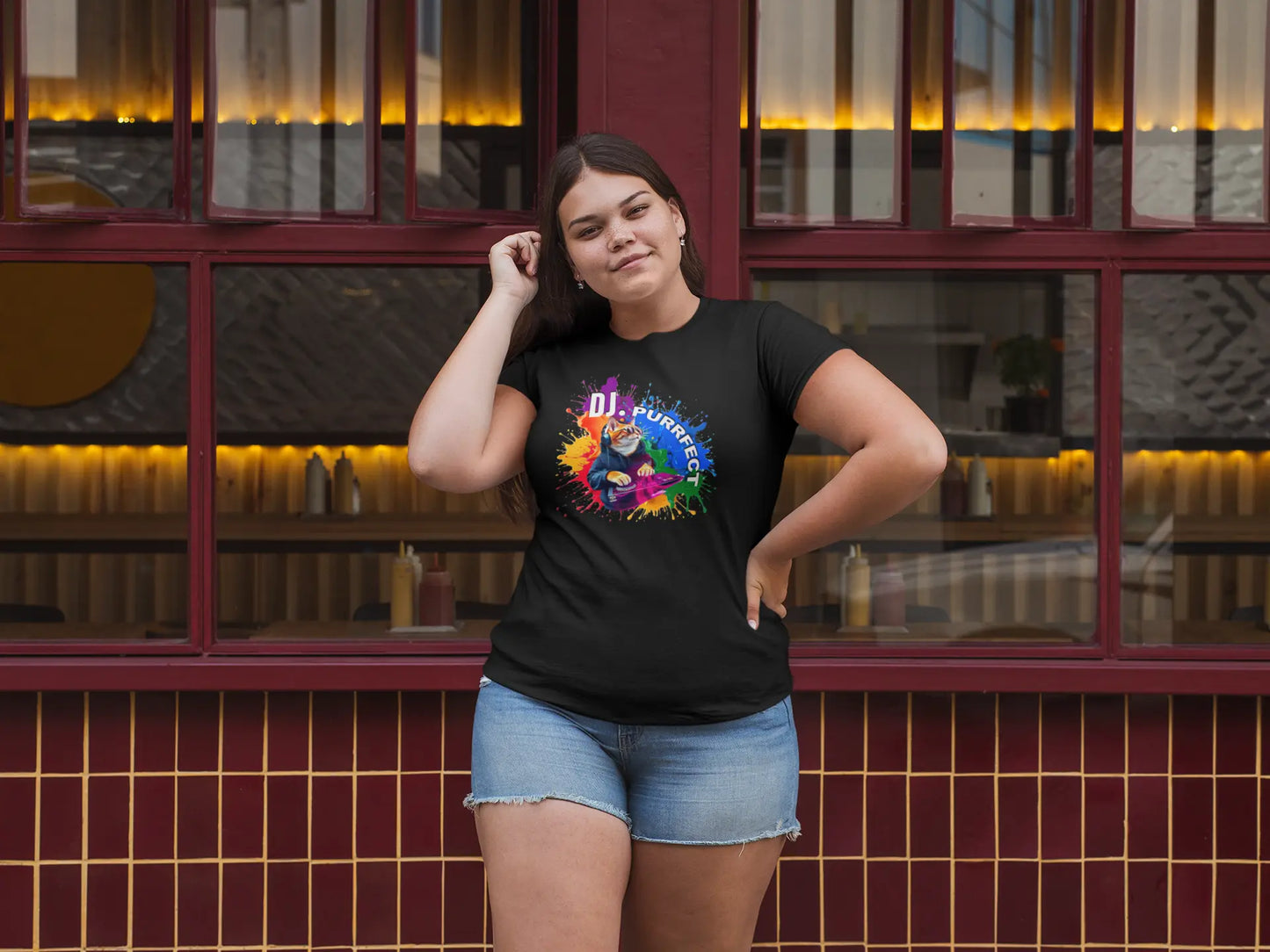 Model wearing Beat Maker Cat T-Shirt – unisex premium tee featuring a cool orange cat DJ at turntables, radiating pride and musical energy.
