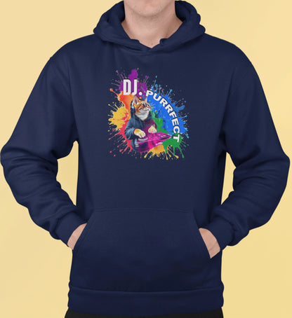 Close-up of Beat Maker Cat design – orange cat DJ mixing on turntables, surrounded by neon colors and rhythm-inspired details.