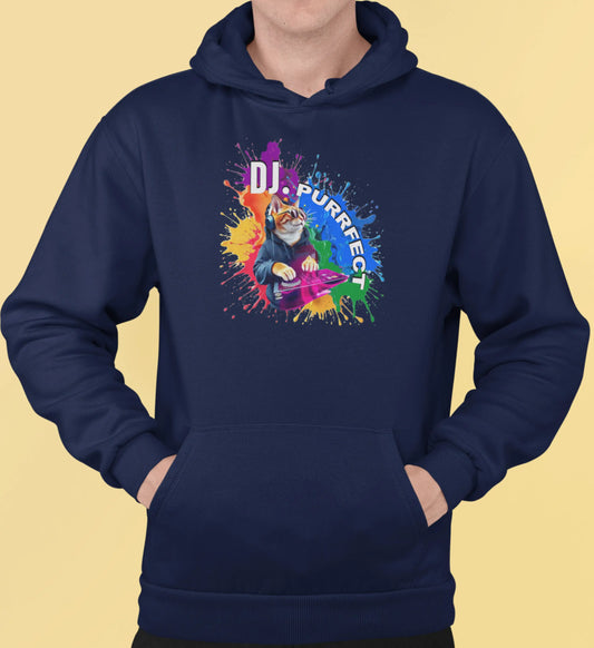 Close-up of Beat Maker Cat design – orange cat DJ mixing on turntables, surrounded by neon colors and rhythm-inspired details.