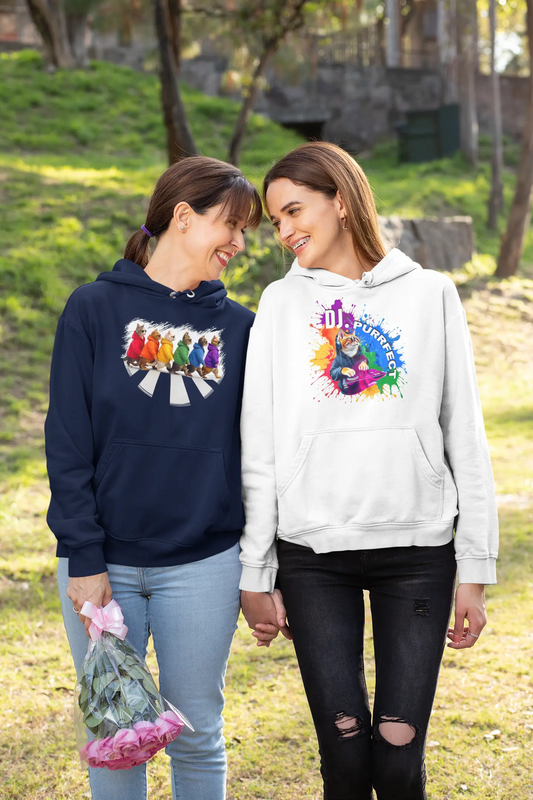 Model wearing Beat Maker Cat Hoodie – unisex premium tee featuring a cool orange cat DJ at turntables, radiating pride and musical energy.