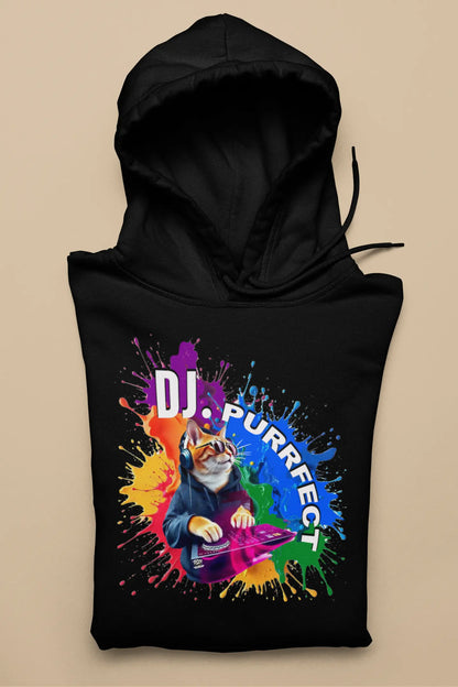 Beat Maker Cat Hoodie – unisex premium shirt with vibrant orange cat DJ design, celebrating music, diversity, and self-expression.