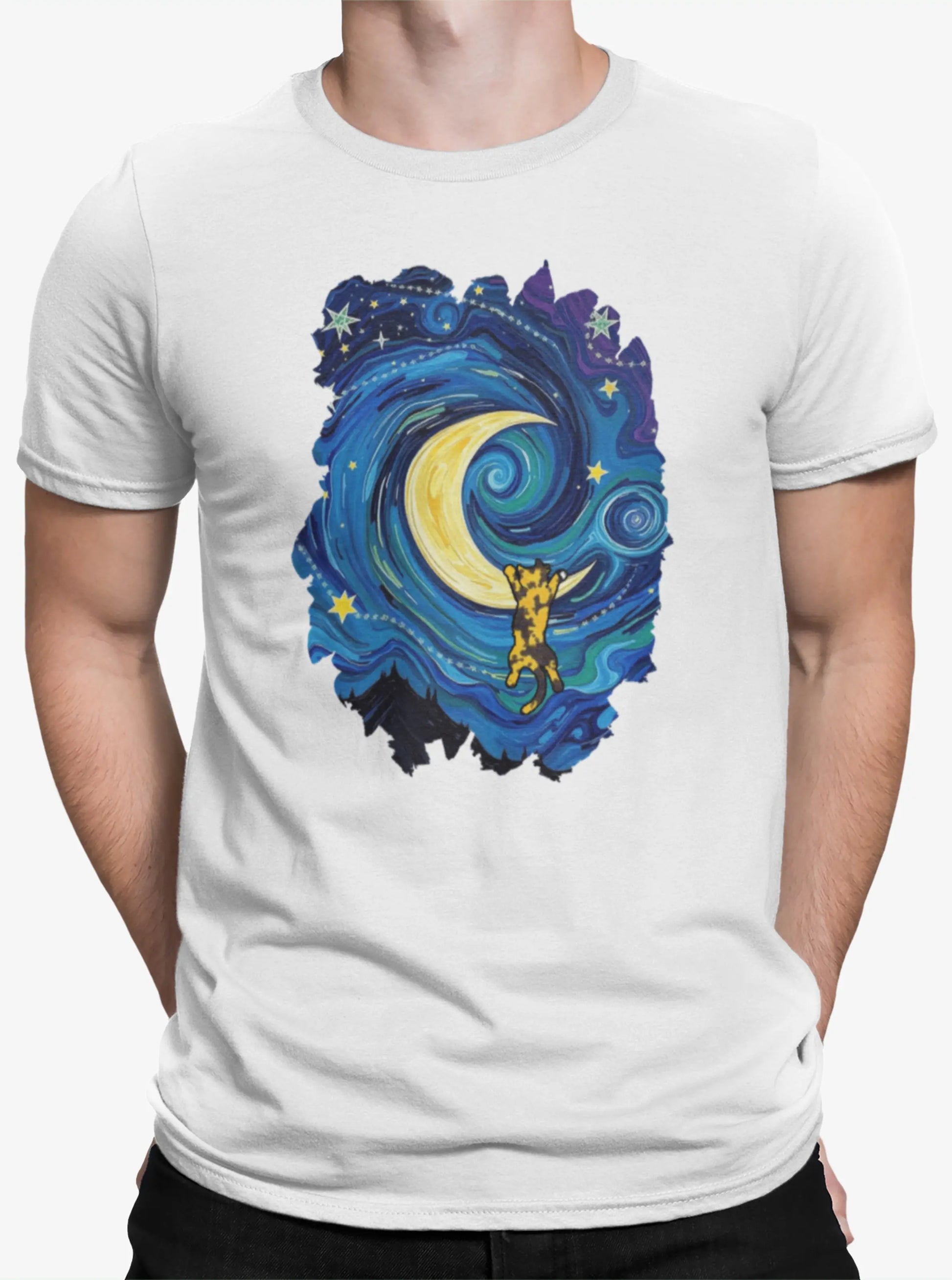 Close-up of The Starry Meownight t-shirt design showing whimsical cat climbing toward glowing moon in Van Gogh style sky