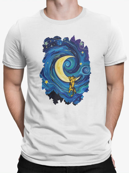 Close-up of The Starry Meownight t-shirt design showing whimsical cat climbing toward glowing moon in Van Gogh style sky