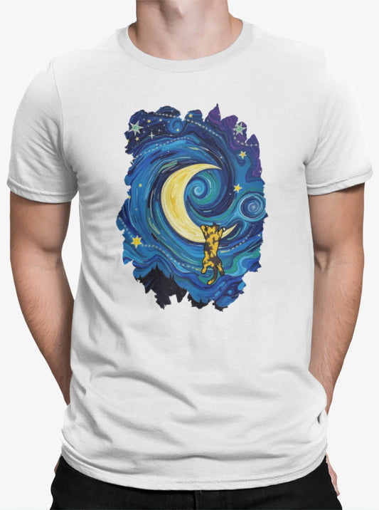Close-up of The Starry Meownight t-shirt design showing whimsical cat climbing toward glowing moon in Van Gogh style sky